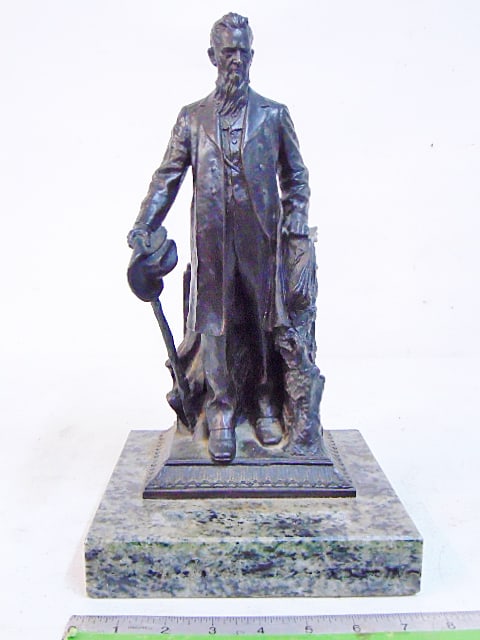 Bronze figure of Ezra Cornell by Herman MacNeil, bronze in dark patina on marble base, 7.75" wide,: Bronze figure of Ezra Cornell by Herman MacNeil, bronze in dark patina on marble base, 7.75" wide, 8" deep, height is 13.75"