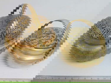 2 Chinese brass incense warmers, reticulated lids, handles, one is decorated with vines & various