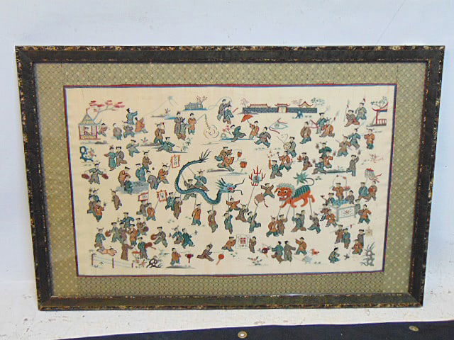 Chinese embroidery, parade scene with various figures holding banners, dragon & with musical: Chinese embroidery, parade scene with various figures holding banners, dragon & with musical instruments, signed, total size is 25.75" by 38.75"