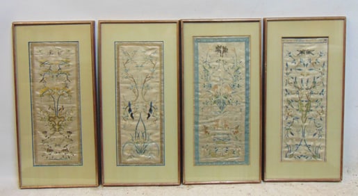 Set 4 Chinese framed embroideries on silk, floral scenes with birds, decorations, each scene is