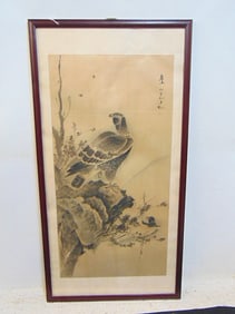 Chinese watercolor, bird of prey with chick, signed (Chinese), 49 5/8" by 25.5"