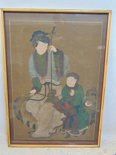 Chinese painting, figure with musical string instrument, unsigned, painted on linen, total size is: Chinese painting, figure with musical string instrument, unsigned, painted on linen laid down on Masonite, needs cleaning, total size is 42.5" by 30"