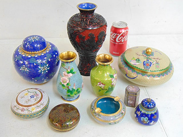 9 cloisonne pieces & one carved cinnabar vase, various sizes, vases, lidded jars, ashtray, not old,: 9 cloisonne pieces & one carved cinnabar vase, various sizes, vases, lidded jars, ashtray, not old, all in good condition.