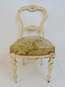 Carved ebony side chair, Ceylon, with carved floral detail, painted white, upholstered seat, chair