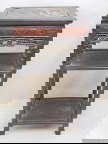 Chinese plant stand, carved base, marble top, with lower shelf, marble cracked, top is 16.5" by