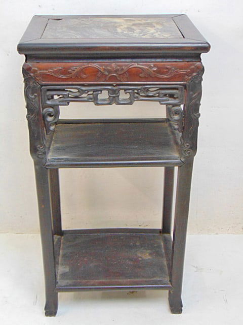 Chinese plant stand, carved base, marble top, with lower shelf, marble cracked, top is 16.5" by: Chinese plant stand, carved base, marble top, with lower shelf, marble cracked, top is 16.5" by 12.25", height is 31.75"