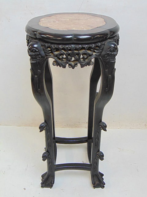 Chinese plant stand, carved wood base, marble top, one leg is loose, stand is 16" ion diameter,: Chinese plant stand, carved wood base, marble top, one leg is loose, stand is 16" ion diameter, height is 29.25"