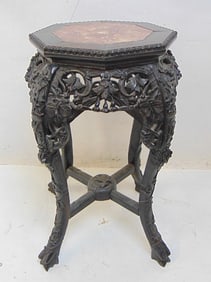 Chinese plant stand, carved wood base marble top, stand is 15" wide (widest point), height is 23"