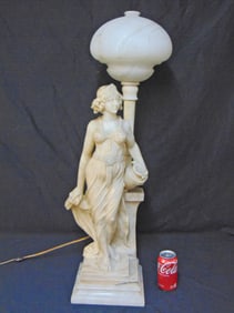 Carved 1910 vintage alabaster figural lamp with carved alabaster shade, figural base of Rebecca at