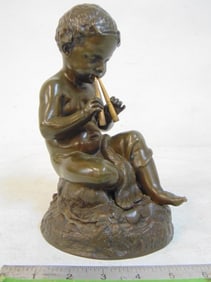 Bronze by Etienne Falconet, boy playing aulos instrument, dark brown patina, aulos with gilt patina,