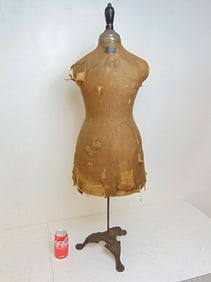 Vintage child size dress form on cast iron base, labeled, "S.N. Urford & Sons (unsure, label