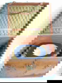 Vintage leather travel case & top hat, case has old labels, Cunard Line, Saloon Baggage, 18" by