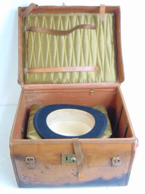 Vintage leather travel case & top hat, case has old labels, Cunard Line, Saloon Baggage, 18" by: Vintage leather travel case & top hat, case has old labels, Cunard Line, Saloon Baggage, 18" by 13.75", height is 11.5", top hat by Scott & Co, Hatters to the King, 1 Old Bond Street, Piccadilly, has 