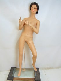 Store mannequin, 1950s/60's on glass & iron base, with wig, height is 64"