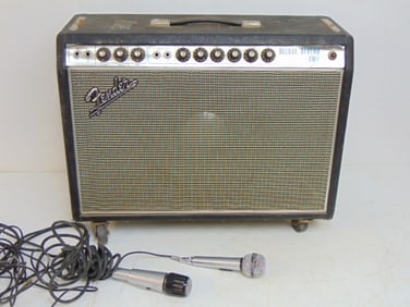 Fender De Luxe Reverb Amp, with 2 microphones, not tested, case is 24" by 9.5", height is 19.5"