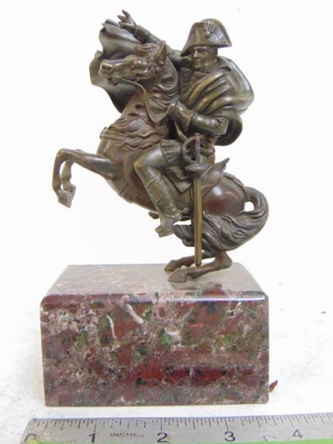 Bronze, Napoleon on horseback, on marble base, base is 2 3/8" by 4", height is 7", unsigned.: Bronze, Napoleon on horseback, on marble base, base is 2 3/8" by 4", height is 7", unsigned.