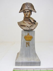 Bronze Napoleon Bonaparte bust on grey marble base, signed J. Bastiane, height is 11.25", base is