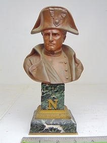 Bronze bust Napoleon Bonaparte Emile Pinedo, on green marble pedestal base with bronze trim, height