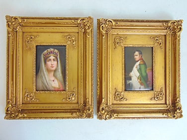 Pair paintings on porcelain, Napoleon & Josephine portraits, in gilt frames, porcelain is 6" by 4",