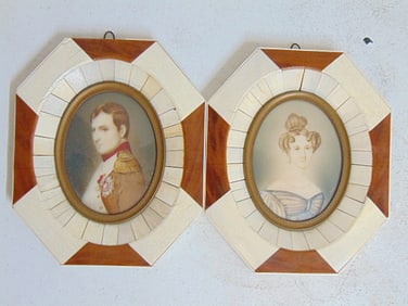 Pair miniature portraits, Napoleon & Josephine, in natural veneer frames, signed illegibly, 5.75" by