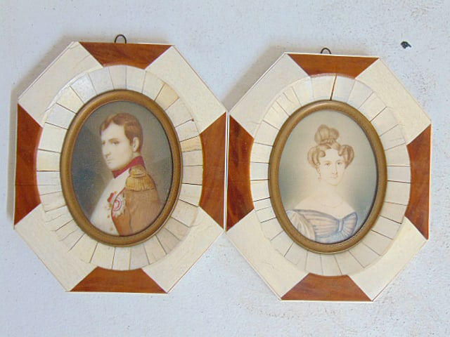 Pair miniature portraits, Napoleon & Josephine, in natural veneer frames, signed illegibly, 5.75" by: Pair miniature portraits, Napoleon & Josephine, in natural veneer frames, signed illegibly, 5.75" by 4.75" each (framed size)