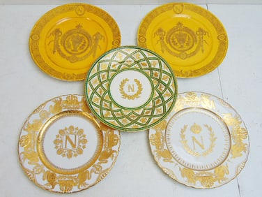 5 Sevres Napoleonic plates, 2 pairs & single, with gilt decorations, 2 are 10.25", 3 are 9.75" in