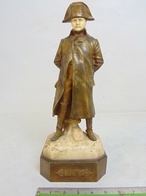 Bronze & marble statue of Napoleon in long coat with boots & spurs, hands on back, "1812", height is