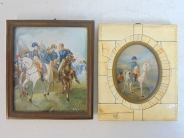 2 miniature paintings, Napoleon on horseback directing troops, officers, signed A. Roux, 5.5" by