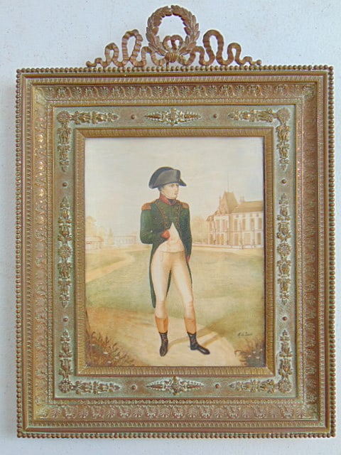 Miniature painting of Napoleon in front of chateau, signed Picard, in bronze frame, excellent: Miniature painting of Napoleon in front of chateau, signed Picard, in bronze frame, excellent quality, 10.5" by 7.75" (total size)