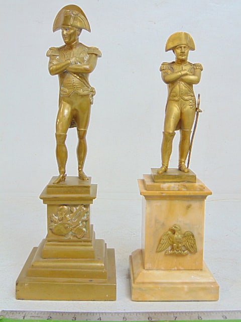 2 bronze figures of Napoleon, standing with arms crossed, one on marble base, other all bronze,: 2 bronze figures of Napoleon, standing with arms crossed, one on marble base, other all bronze, unsigned, 12.25" & 13.25" tall