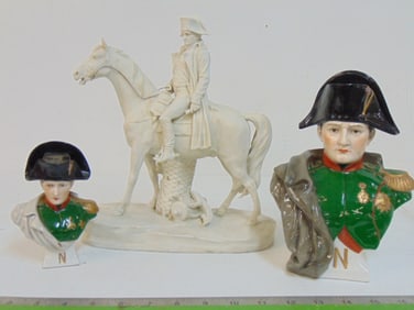 3 Napoleon figures, two busts Napoleon with Scheibe Alsbach mark & bisque porcelain statue of