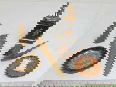 Napoleonic lot, small bronze figural bell, bronze figure of Napoleon on wood base, two round profile