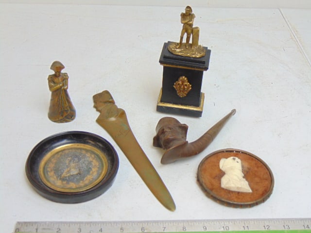 Napoleonic lot, small bronze figural bell, bronze figure of Napoleon on wood base, two round profile: Napoleonic lot, small bronze figural bell, bronze figure of Napoleon on wood base, two round profile portraits, one natural, one gilt eglomise carved pipe & bronze figural letter opener, opener is sig
