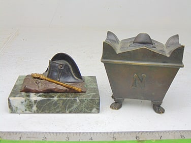 2 Napoleonic bronzes, bicorne hat, scepter by Henri Huppe on green marble, 4.25" by 3" & bronze