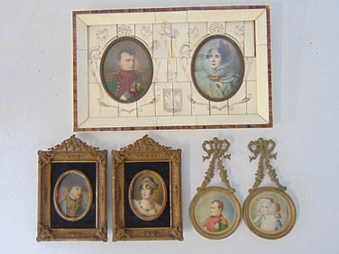 3 pair miniature Napoleonic portraits, Napoleon & Josephine, 2 pair in bronze frames, one in bone