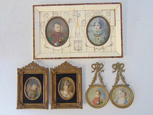 3 pair miniature Napoleonic portraits, Napoleon & Josephine, 2 pair in bronze frames, one in bone: 3 pair miniature Napoleonic portraits, Napoleon & Josephine, 2 pair in bronze frames, one in bone frame, larger bone veneer frame is 6 3/8" by 10.5"