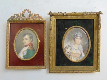 Two miniature portraits, Napoleon & Josephine, in bronze frames, Napoleon is 6.25" by 4.25",