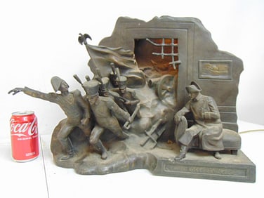 Spelter sculpture lamp, Napoleon & charging French troops, "Lili-Elbe le Reve", signed Salesio, 21"