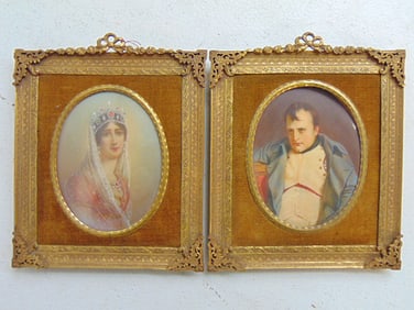 Pair miniature portraits, Napoleon & Josephine, in decorative brass frames, portrait Napoleon is