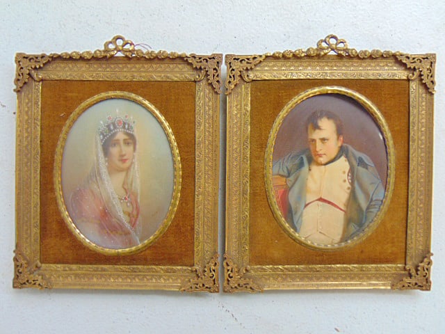 Pair miniature portraits, Napoleon & Josephine, in decorative brass frames, portrait Napoleon is: Pair miniature portraits, Napoleon & Josephine, in decorative brass frames, portrait Napoleon is missing glass, 6" by 5" framed size, Josephine is signed Gerard