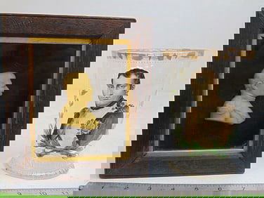 Enameled glass with portrait Napoleon & framed wax profile of Napoleon, glass is 6.25" tall, profile