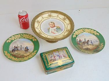 4 piece porcelain Napoleonic lot, pair Sevres plates, Napoleon & troops, one marked Ettingen, other