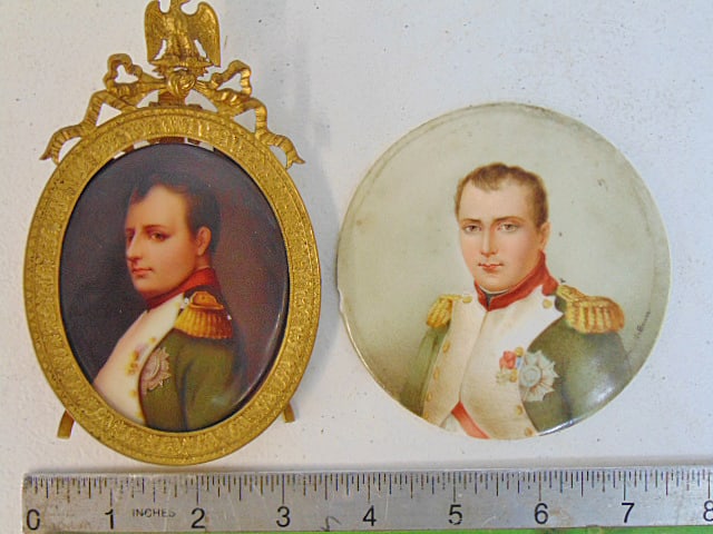 Two small portraits of Napoleon on porcelain, one in gilt bronze frame, round unframed portrait: Two small portraits of Napoleon on porcelain, one in gilt bronze frame, round unframed portrait signed Brun, 3 7/8" in diameter