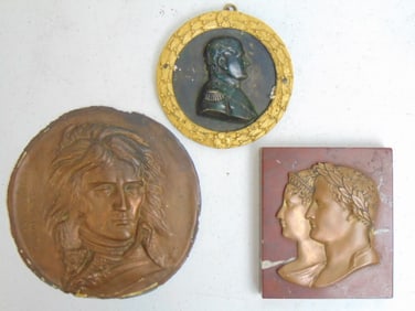 3 Napoleonic plaques, bronze relief of Napoleon & Josephine on red marble, 4.75" by 4", round bronze