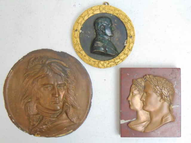 3 Napoleonic plaques, bronze relief of Napoleon & Josephine on red marble, 4.75" by 4", round bronze: 3 Napoleonic plaques, bronze relief of Napoleon & Josephine on red marble, 4.75" by 4", round bronze plaque of Napoleon in profile with gilt bronze frame & copper relief, Le General Bonaparte, signed