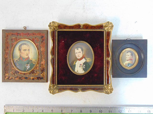 3 miniature portraits of Napoleon, one signed Delaroche, largest is 7.25" by 6 3/8", smallest is 3: 3 miniature portraits of Napoleon, one signed Delaroche, largest is 7.25" by 6 3/8", smallest is 3 7/8" by 3.5" (framed size)