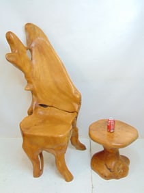 Large carved root chair & stand, organic form chair with tall back carved from large root, unsigned,