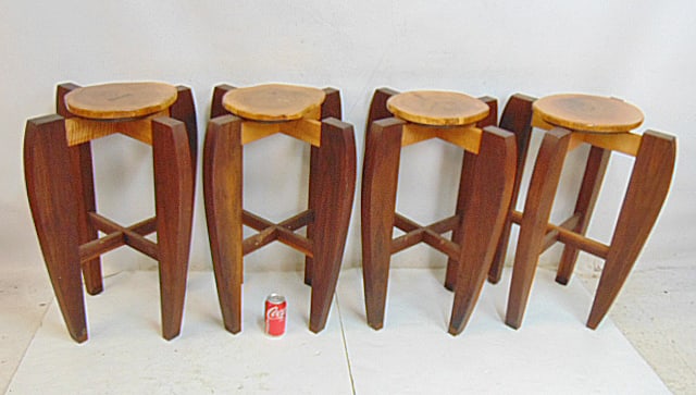 Set 4 barstools, rosewood (?) & tiger maple with rustic seats, excellent quality, stretcher base, no: Set 4 barstools, rosewood (?) & tiger maple with rustic seats, excellent quality, stretcher base, no name, stools are 27.75" tall, one stool has bite marks on stretcher.