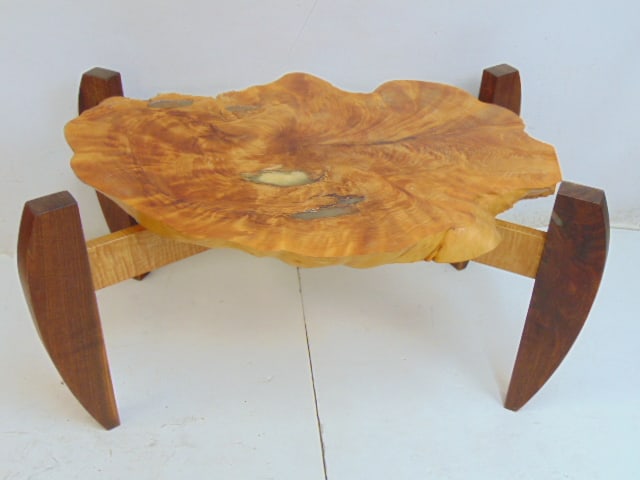 Rustic root & epoxy top coffee table on stretcher base, tiger maple & rosewood (?) base, 34.5" wide,: Rustic root & epoxy top coffee table on stretcher base, tiger maple & rosewood (?) base, 34.5" wide, 26" deep, height is 18.5"