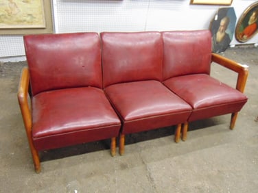 3 piece vinyl sofa, mid Century sectional, in red vinyl, maple arms, 72" long, 31" deep, height is